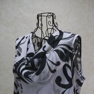 Liz Claiborne White Sleeveless Black Grey Swirl Draped Neckline Blouse